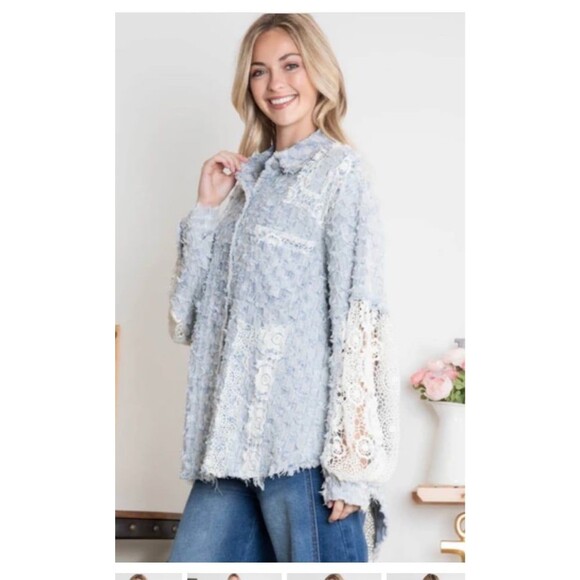 POL Tops - Bluevelvet shacket BLUE VELVET button down shirt tweed lace blue 100% cotton NEW